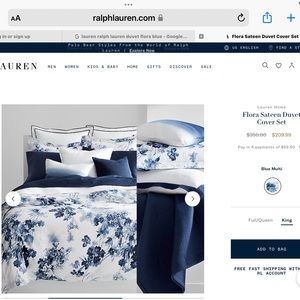 Ralph Lauren, NWT, KING Duvet set, Flora blue